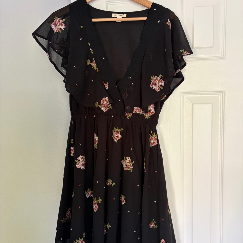 Miami Black Dress with Pink Floral Design